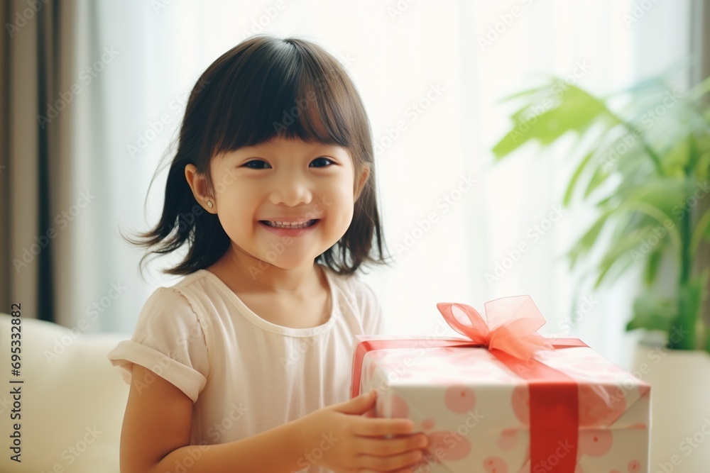 cute asian little girl holding gift box in living room cute asian little girl holding gift box in living room