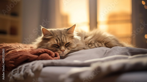 pretty cute ginger red haired cat lying and sleep on the bad against evening window. cozy background with pets. AI