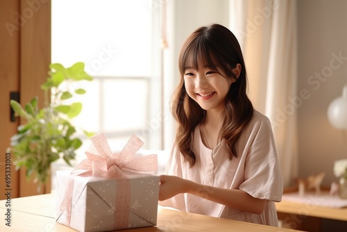 cute asian little girl holding  gift box in living room