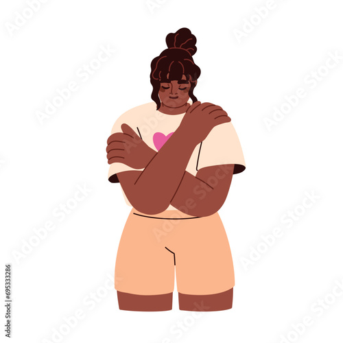 Black woman hugging herself. Self love, care, support and respect, psychology concept. Young girl character embracing her body with hands, arms. Flat vector illustration isolated on white background