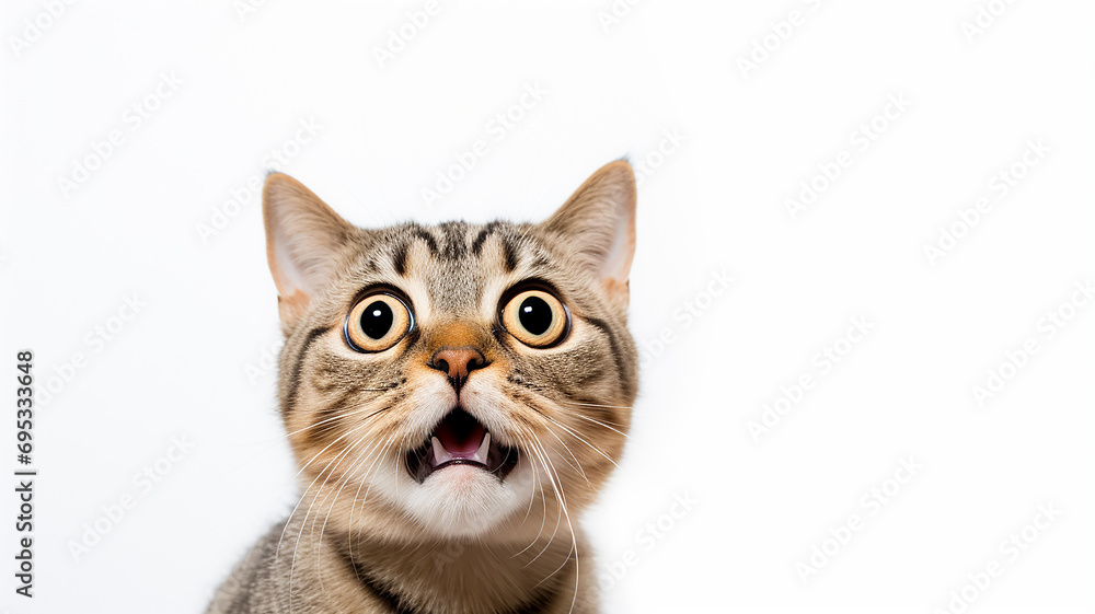 Obraz premium a frightened cat, an emotional portrait of fear isolated on a white background, a cat with big eyes is afraid