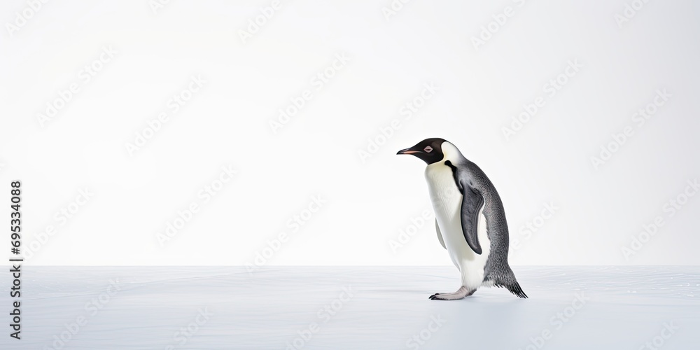 Fototapeta premium Adorable penguin, native to Antarctica, stands on icy shores, showcasing the charm of polar wildlife.