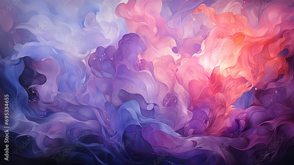 Close-up of ethereal liquid flames in a mesmerizing fusion of amethyst and lavender colors, casting an enchanting glow in a surreal landscape - obrazy, fototapety, plakaty 