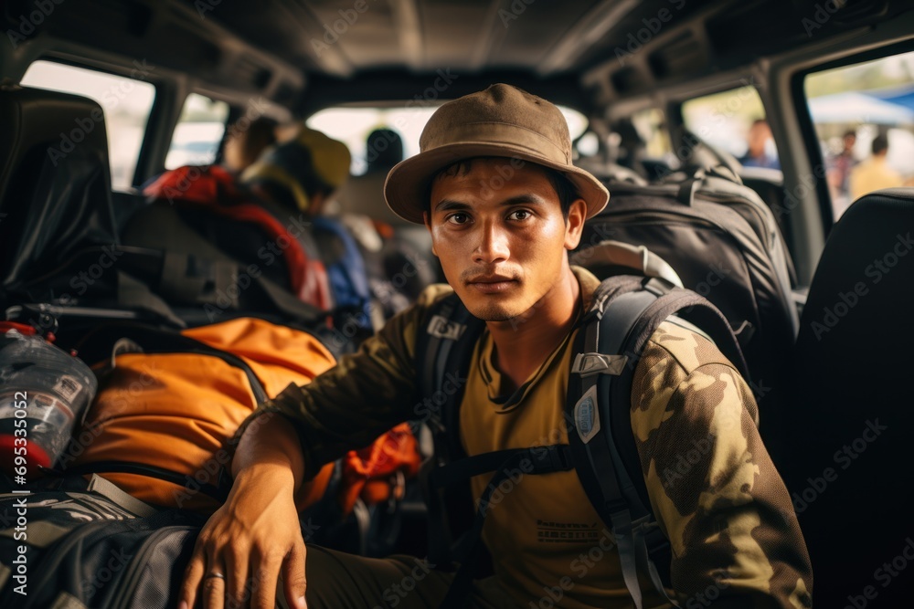 Inside a car view of a Indonesian young man loading car for trip Inside a car view of a Indonesian young man loading car for trip