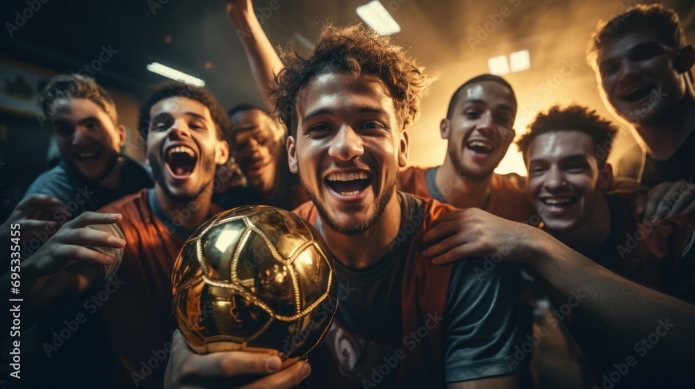 Basketball players of many nationalities celebrate victories by hugging, jumping and holding trophies.