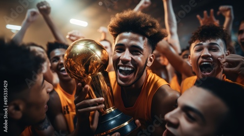 Basketball players of many nationalities celebrate victories by hugging  jumping and holding trophies.