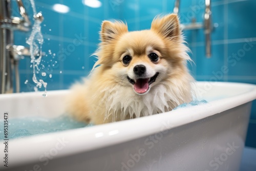 Pomeranian Dog Enjoying Bath Treatment in Pet Salon © sirisakboakaew