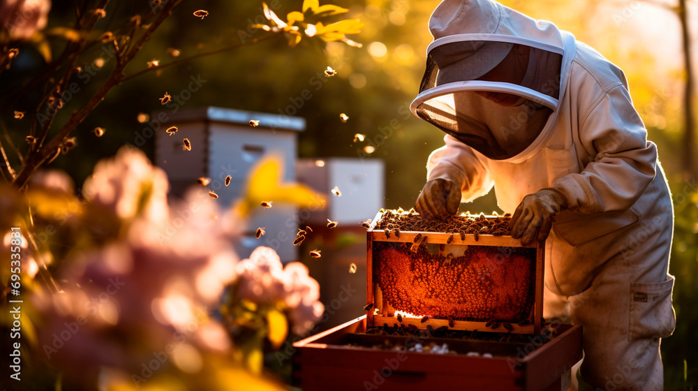 A beekeeper checks the hives at the apiary. Selective focus. - obrazy, fototapety, plakaty 