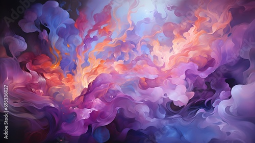 Close-up of ethereal liquid flames in a captivating blend of lavender and lilac colors, casting a gentle and enchanting glow in a surreal landscape