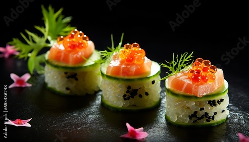 cucumber sushi snacks with salmon caviar