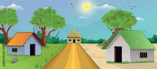 Beautiful village cartoon background of green meadows and surrounded by trees and mountains.