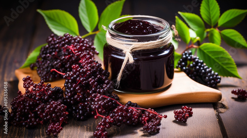Elderberry jam and fresh berries.Homemade jam.Seasonal berries. generative ai