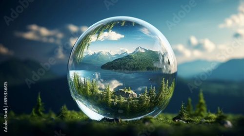 forest landscape and lake through clear crystal ball © MainkreArt