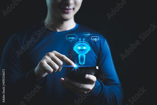 Man use smartphone chat Ai smart robot for Support marketing, Customer services, Artificial intelligence technology future, chatbot to generate business data on website internet, Application solution.