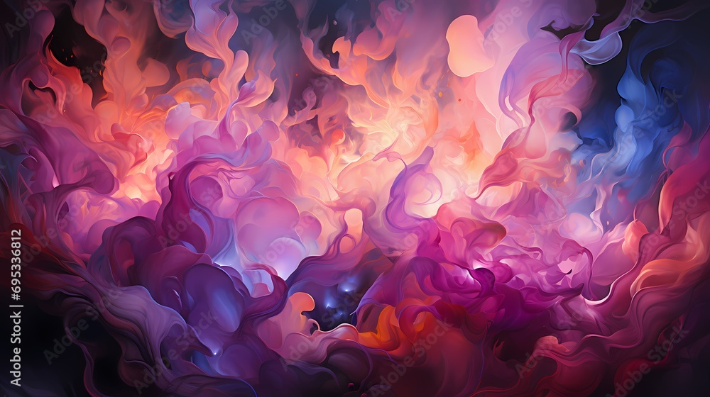 Close-up of ethereal liquid flames in a mesmerizing fusion of violet and fuchsia colors, illuminating a surreal landscape