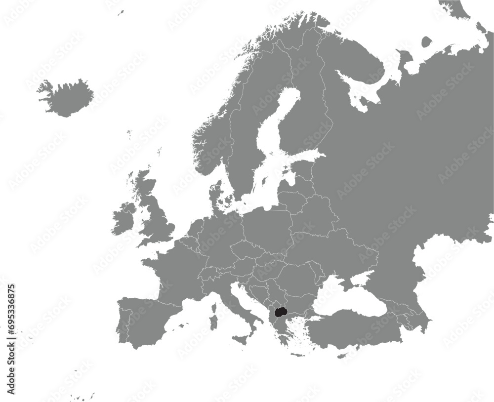 Obraz premium Black CMYK national map of NORTH MACEDONIA inside detailed gray blank political map of European continent on transparent background using Mercator projection