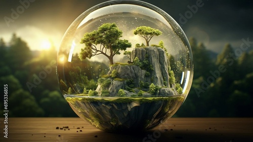 miniature trees and rock in snowglobe crystal ball on outdoor table photo