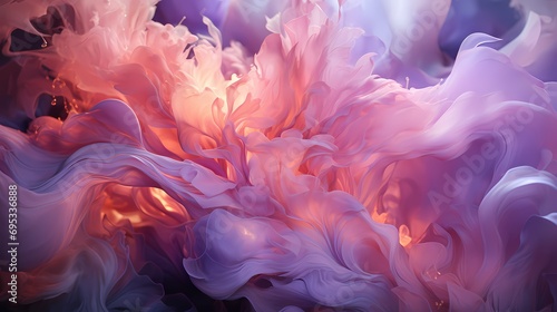 Close-up of ethereal liquid flames in a captivating blend of lavender and periwinkle colors, casting a gentle and mystical glow in a surreal landscape