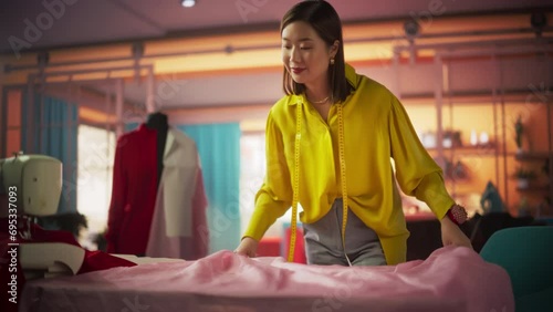 Beautiful Asian Fashion Designer Lays Out Templates on Pink Fabric and Starts Creating her Piece. Woman in Her Bright and Sunny Studio, Working on her E-commerce Business. Slow Motion photo