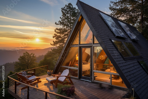 Beautiful house with solar panels on the roof under a bright sky. Sustainable and clean energy at a new eco friendly home.