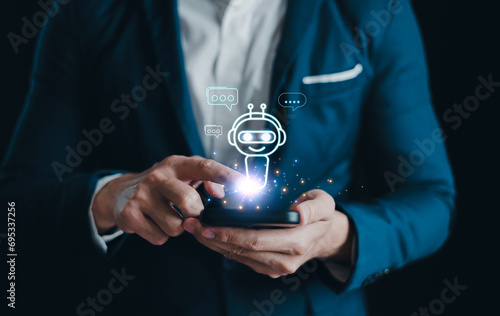 Chatbot Chat. AI, Artificial intelligence digital technology, Man use technology smart robot Ai, generate business data on website internet, Application solution. Futuristic technology transformation.