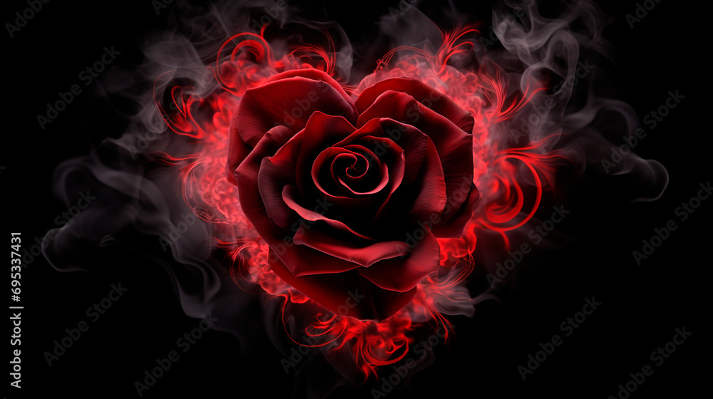 Red rose heart in smoke on a black background. Selective focus. Red rose heart in smoke on a black background. Selective focus.