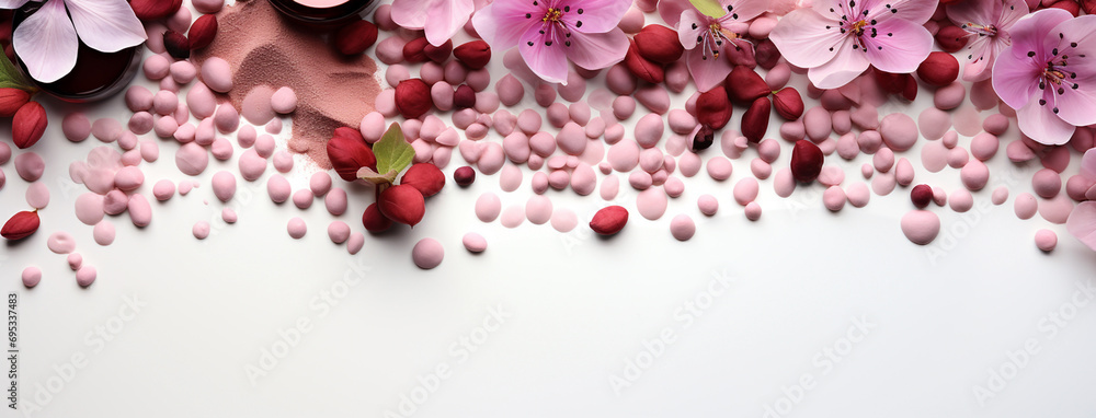 Obraz premium Wide flat lay photo of cosmetic powders on white background 