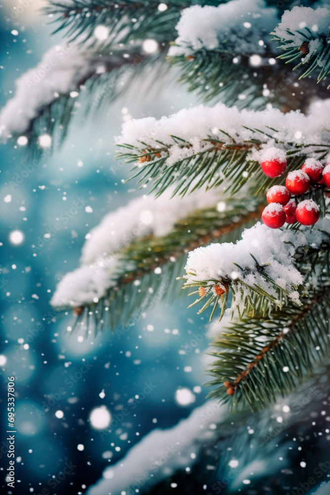 Snow-covered fir branch in the forest. Selective focus. Snow-covered fir branch in the forest. Selective focus.
