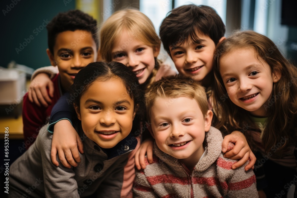 Students with special needs embrace each other in a classroom at school. Students with special needs embrace each other in a classroom at school.