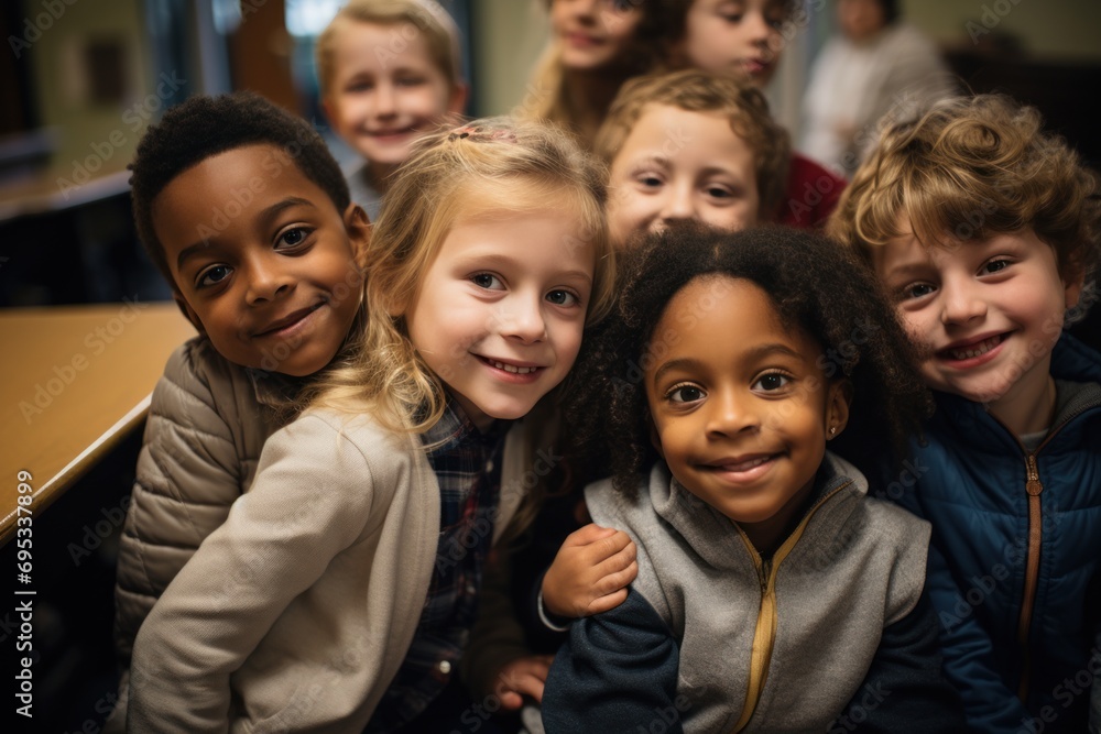 Students with special needs embrace each other in a classroom at school.