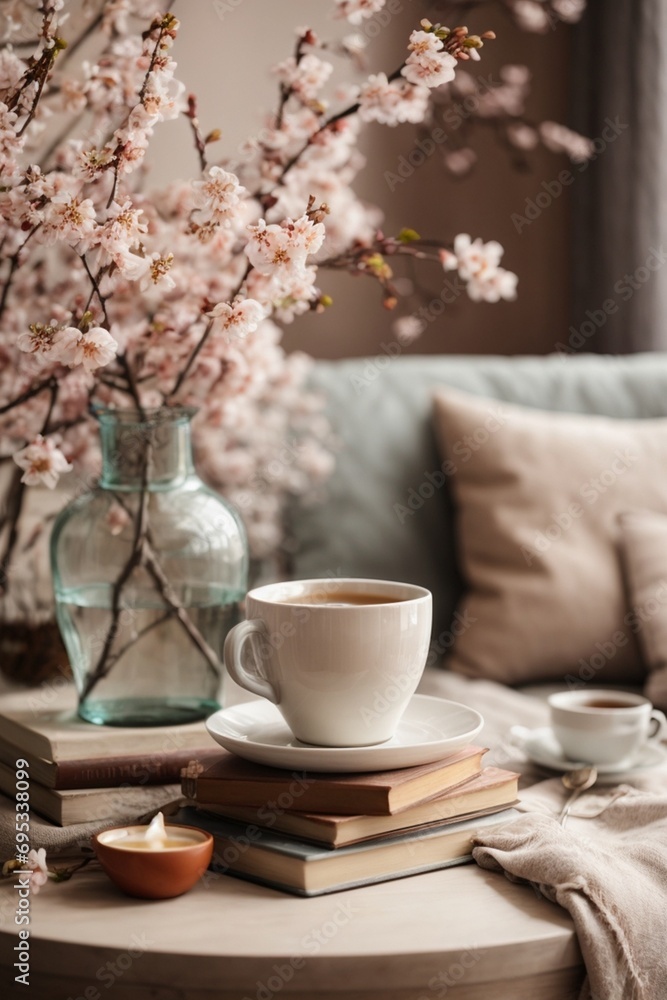 Cup of coffee and vase with blooming branches on sofa in room