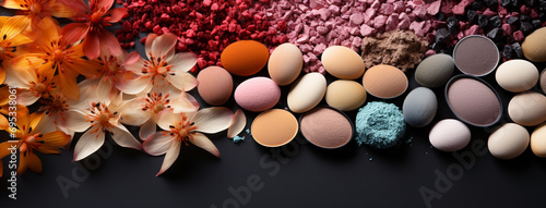Wide flat lay photo of cosmetic powders on white background 