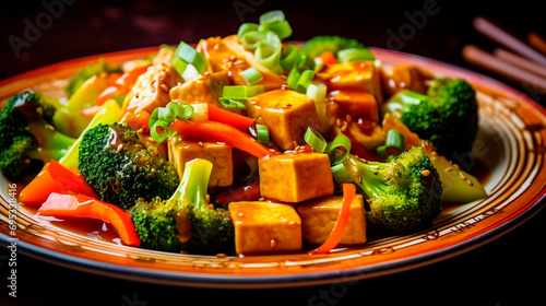 Fried tofu cheese with broccoli and vegetables. Selective focus. photo