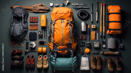 Camping and hiking trips with views from above. and hiking gear  equipment  and accessories for mountain travel.