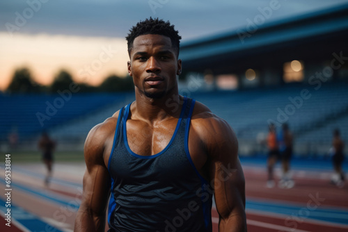 A powerful black athlete on the running race track, showcasing strength, speed and fitness