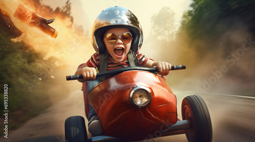 a child drives down the street in a soapbox at full throttle, laughing and screaming