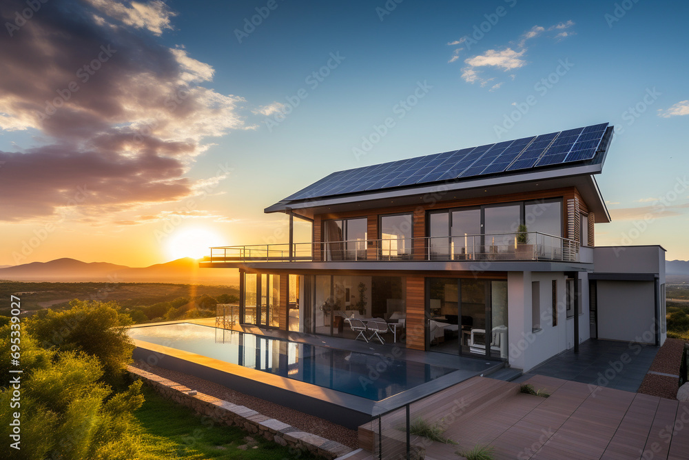 Beautiful house with solar panels on the roof under a bright sky. Sustainable and clean energy at a new eco friendly home.