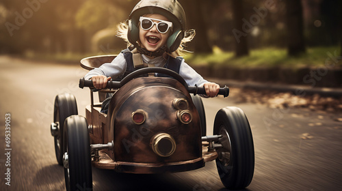 a child drives down the street in a soapbox at full throttle, laughing and screaming