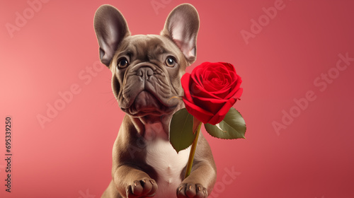 
Adorable French Bulldog dog holding a red rose as a Valentine's Day gift, isolated on pastel background photo