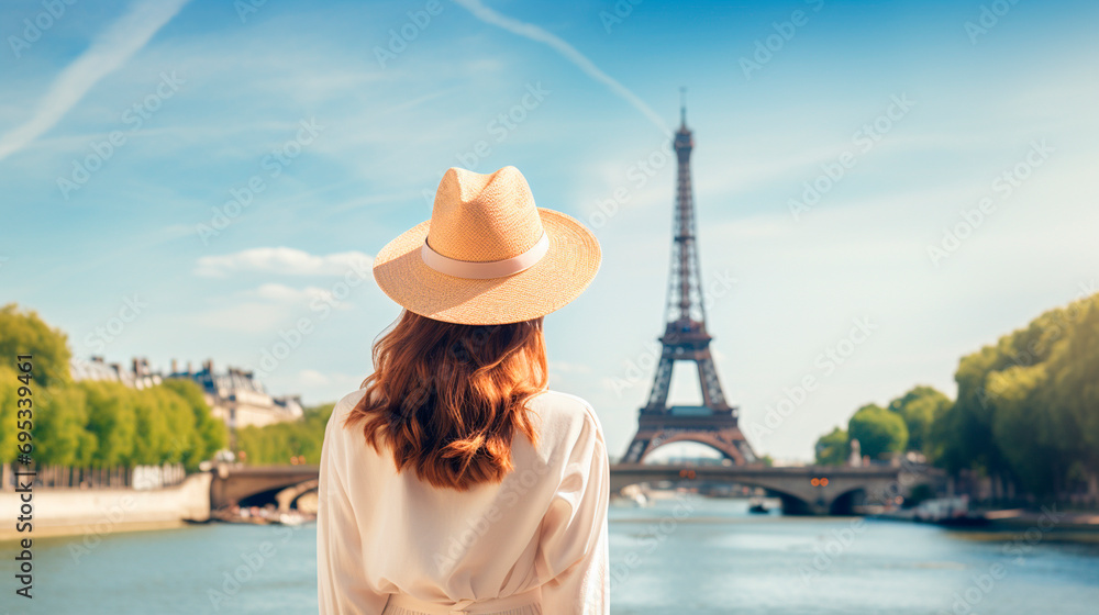 A woman in a hat looks at the Eiffel Tower. Selective focus.