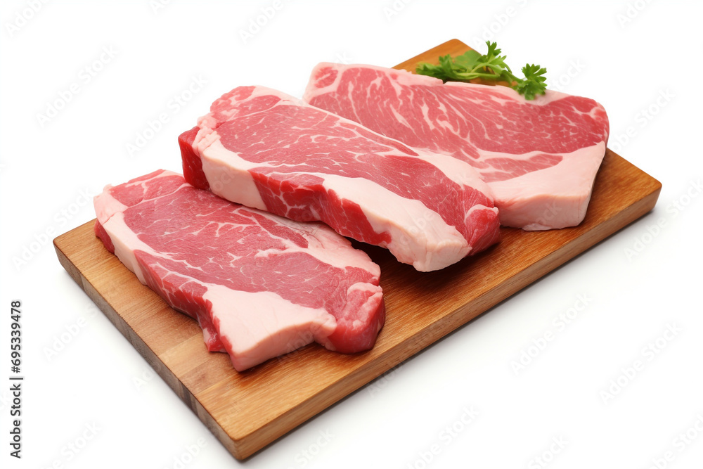 Raw sliced pork meat, isolated on white background Raw sliced pork meat, isolated on white background