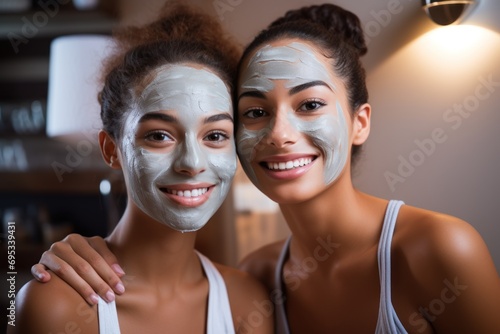 Two Hispanic young women posing for the camera with facial mask for beauty treatments at home or spa. photo