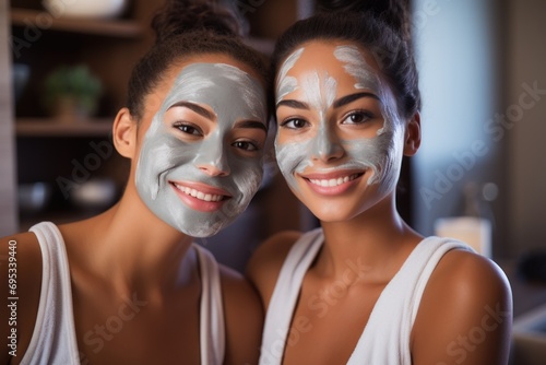 Two Hispanic young women posing for the camera with facial mask for beauty treatments at home or spa. © sirisakboakaew