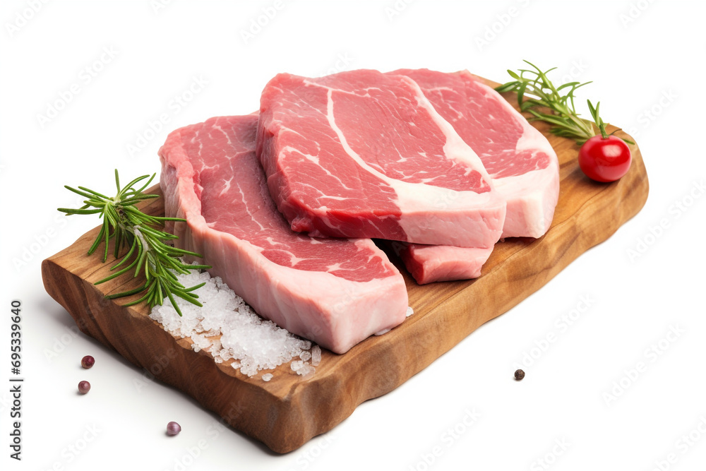 Raw sliced pork meat, isolated on white background Raw sliced pork meat, isolated on white background