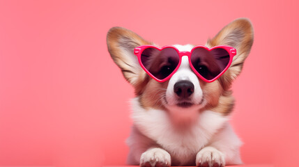 St. Valentine's Day card concept. Funny puppy dog corgi in red heart shaped glasses isolated on pink background