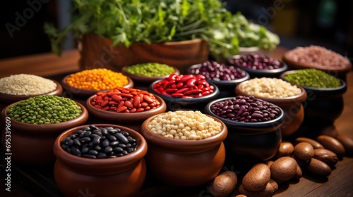 All kinds of different types of beans in simple pots on a wooden table: black beans, red beans, white beans, fabes, broad beans, alluvian chickpeas, green lentils, black lentils. photo