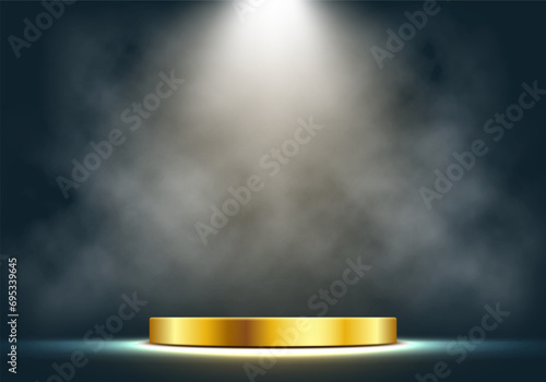 Golden podium with smoke illuminated by spotlights. Empty pedestal for award ceremony. Vector illustration. photo