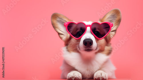 St. Valentine's Day card concept. Funny puppy dog corgi in red heart shaped glasses isolated on pink background