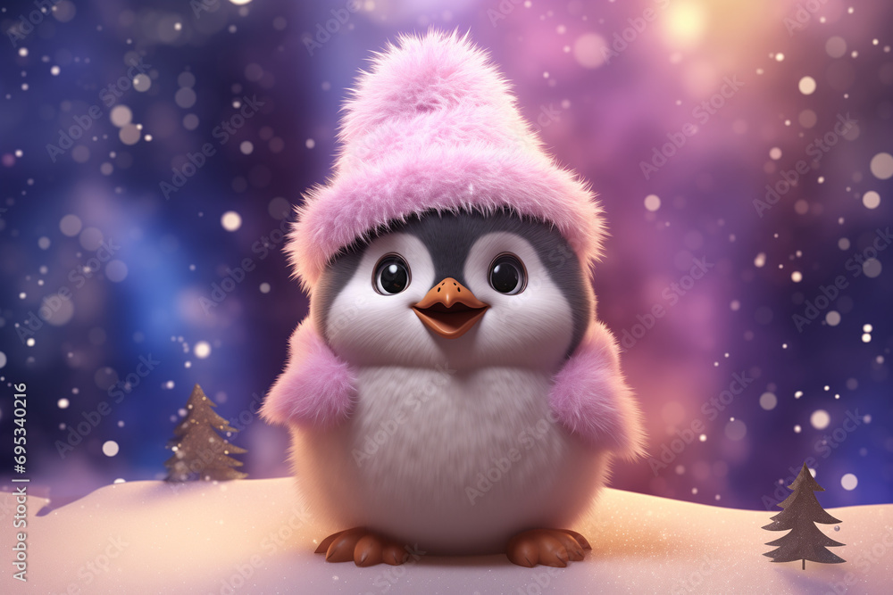 A cute and happy baby penguin wearing a pink fluffy hat and mittens in a festive setting. In the style of soft pastel animation Christmas wallpaper scenes.