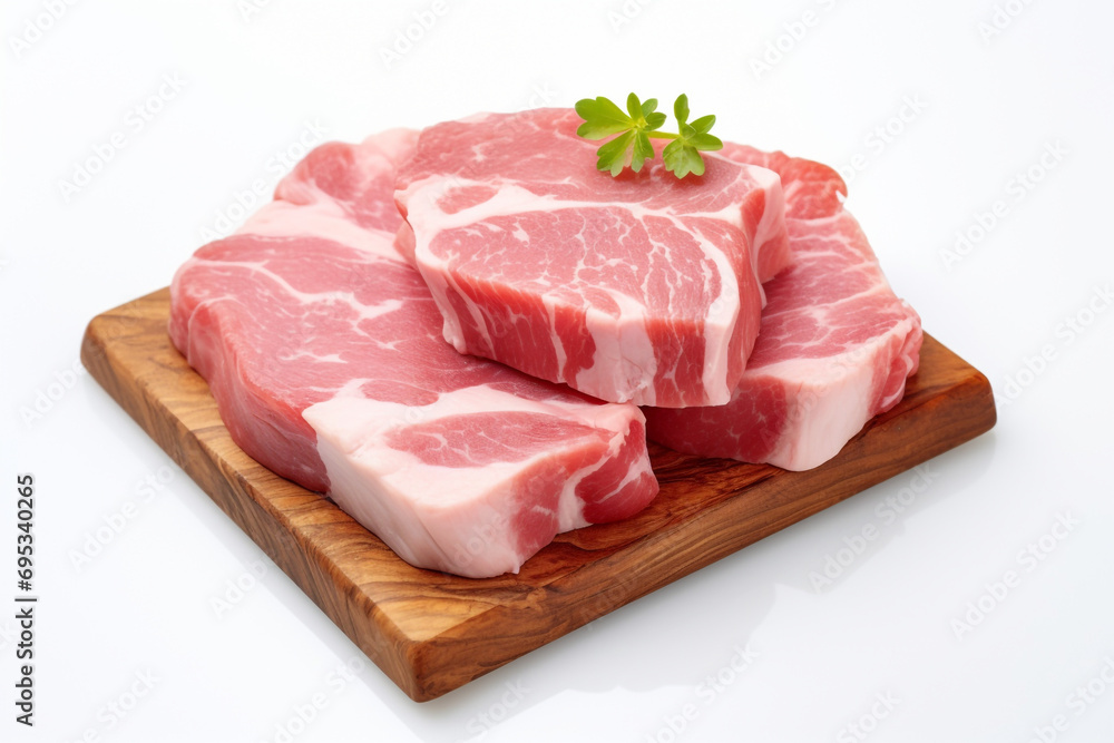 Raw sliced pork meat, isolated on white background Raw sliced pork meat, isolated on white background